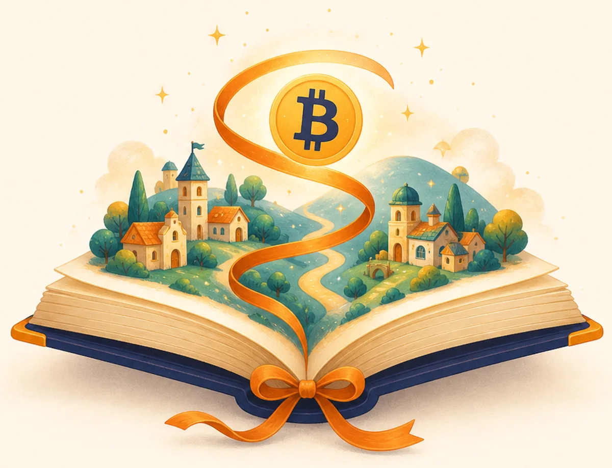 An open storybook with a tiny village world rising from its pages, its golden gift ribbon lifting a bitcoin coin into the sky.